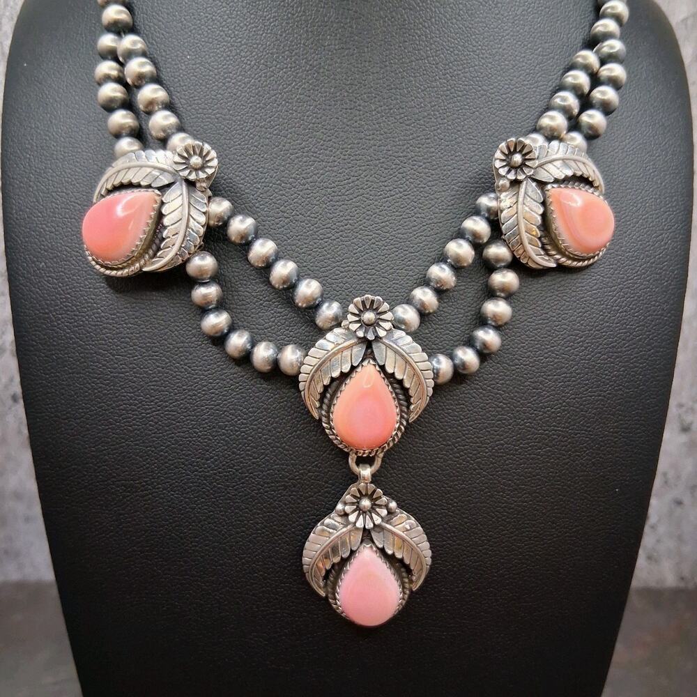 Pink Conch Lariat Necklace 5mm Navajo Pearls 50g Sterling Silver Southwestern